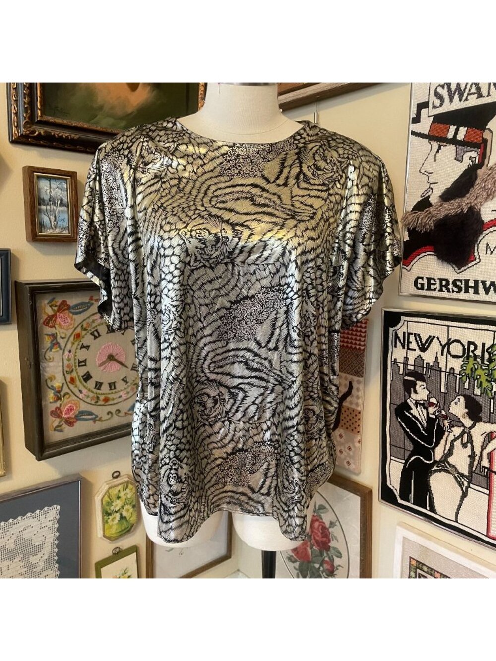 80s Vintage Jeri Marque Gold & Black Metallic Tiger Print Top OSFM